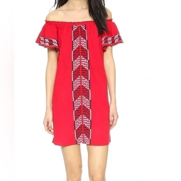 EUC Piper by Townsen Red Embroidered Off Shoulder Boho Dress Size Medium - Picture 1 of 8
